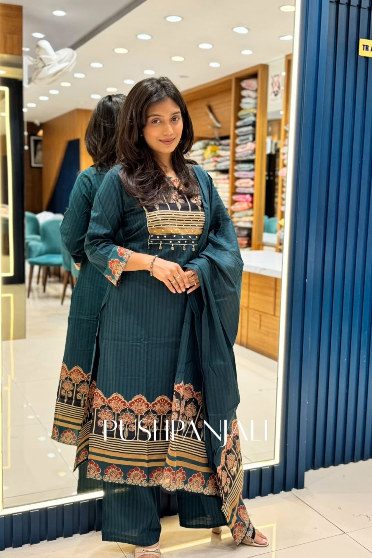 Premium Cotton Printed Anarkali Kurta Set with Dupatta – Teal Green