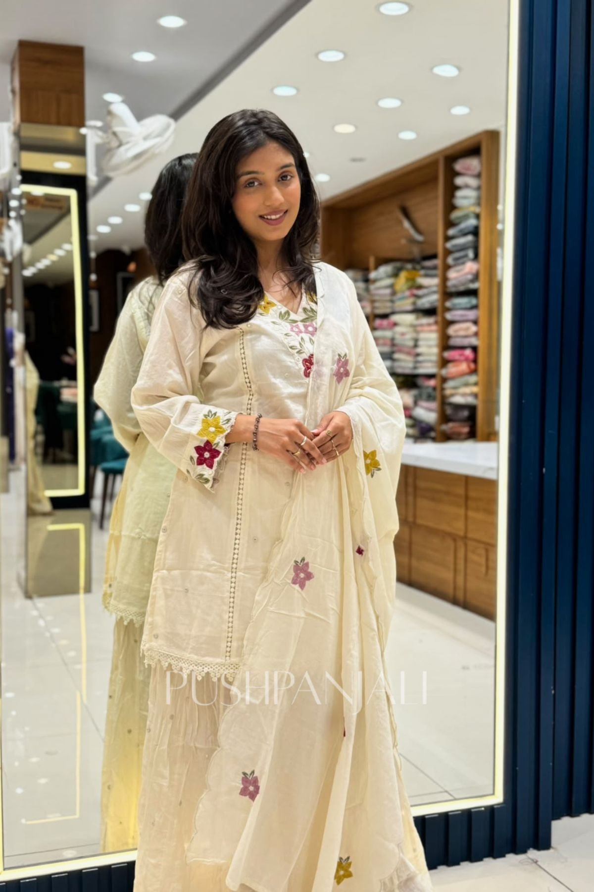 Premium Off White Floral Embroidered Cotton Kurta Pant Set with Dupatta for Women - Image 3