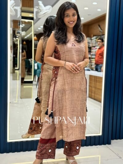 Premium Beige Beige Slub Textured Cotton Sleeveless Kurta Pant Set with Dupatta for Women