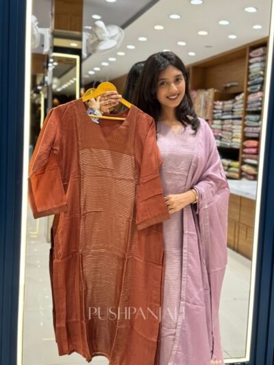 Rust Mul Chanderi Kurta Pant Set with Dupatta for Women