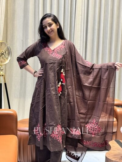 Premium Chocolate Brown Cotton Angrakha Kurta Pant Set with Dupatta for Women