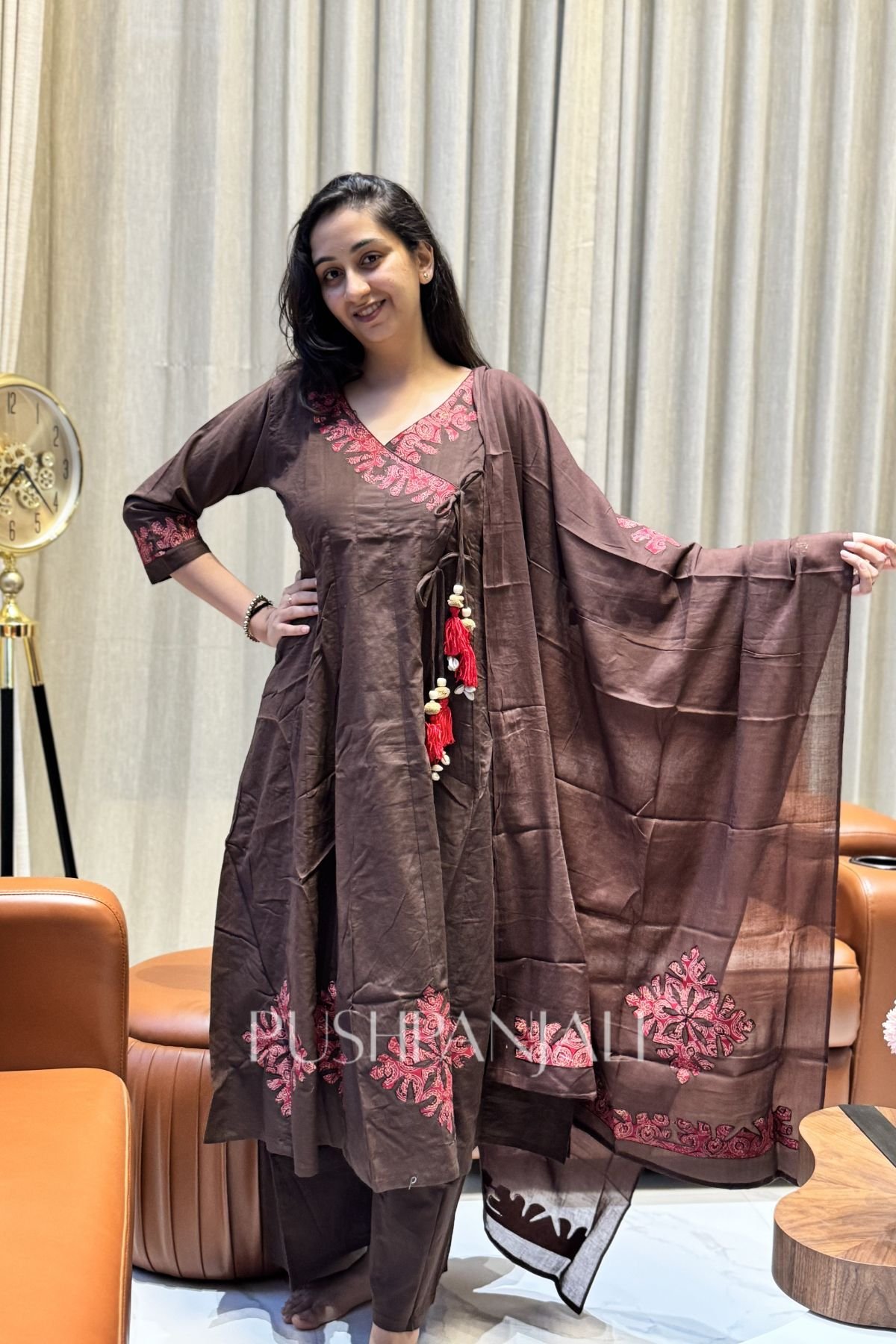 Premium Chocolate Brown Cotton Angrakha Kurta Pant Set with Dupatta for Women