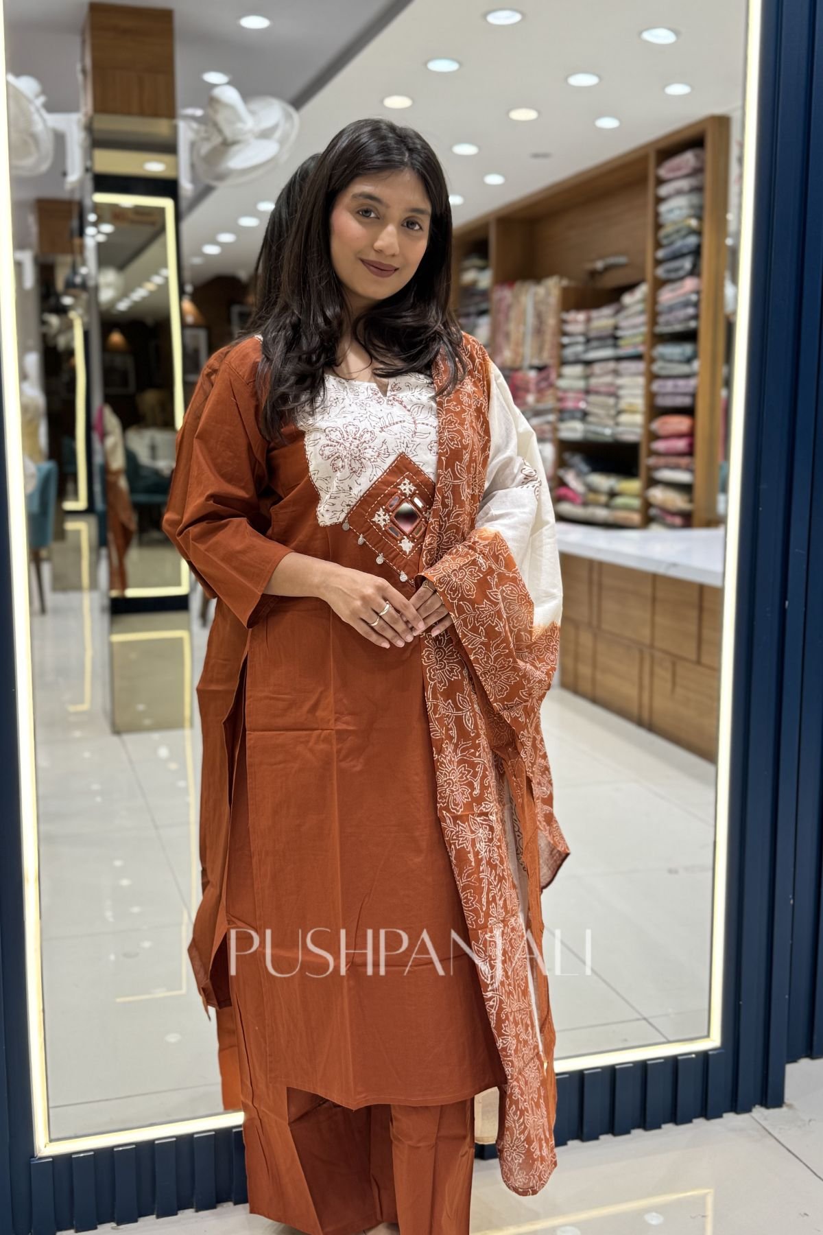 Premium Rust Brown Cotton Straight Kurta Pant Set with Dupatta for Women