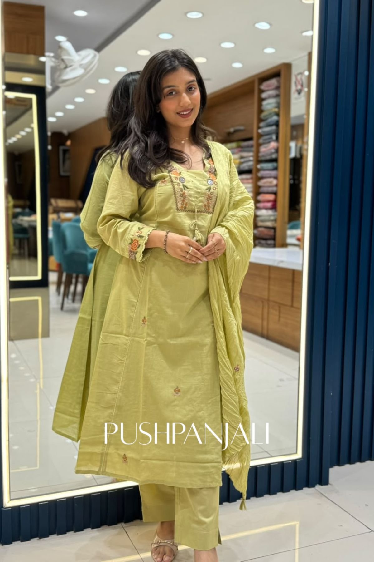 Pastel Lime Green Chanderi Silk Floral Embroidered Straight Kurta Set - Image 2