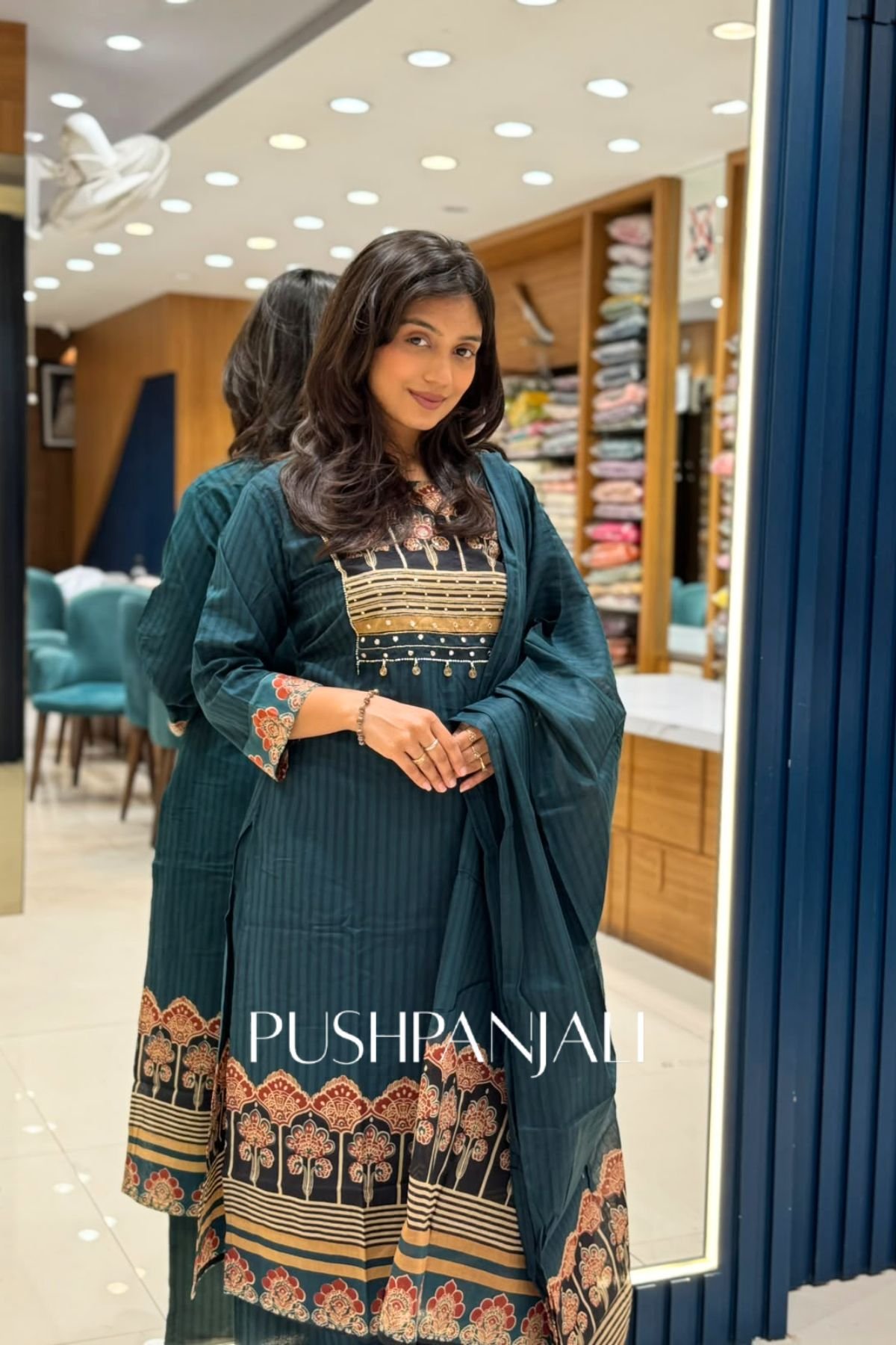 Premium Cotton Printed Anarkali Kurta Set with Dupatta – Teal Green - Image 2