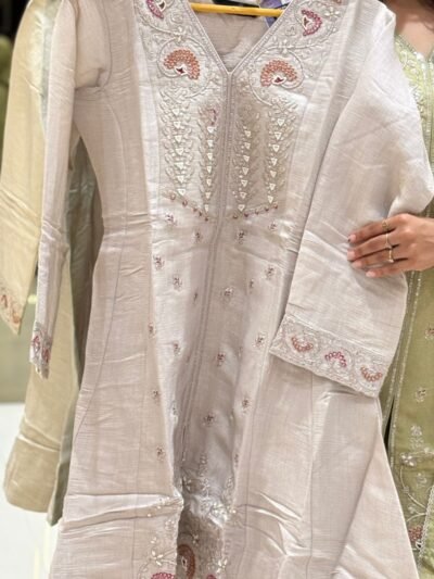 Premium Mul Chanderi Embroidered Anarkali Kurta Set with Dupatta – Light Grey