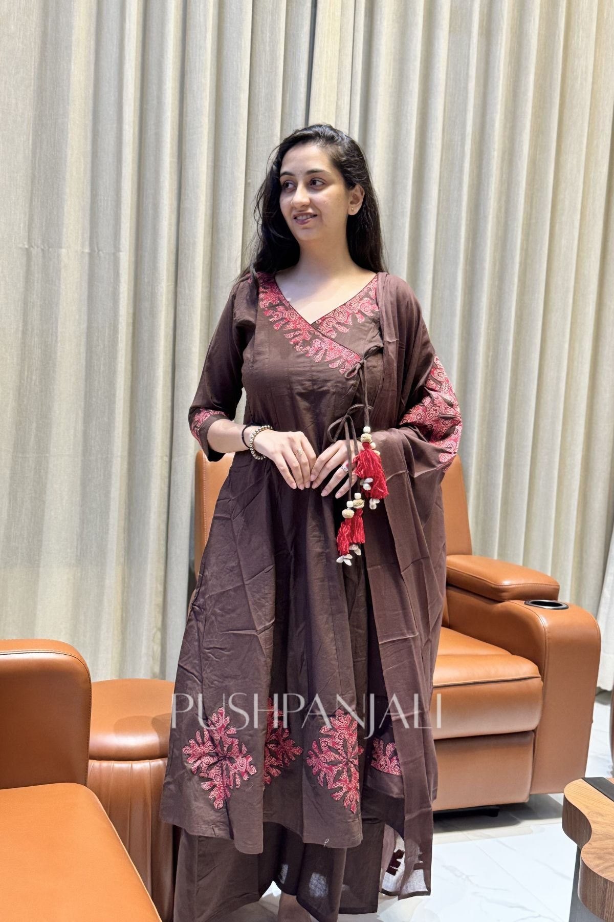 Premium Chocolate Brown Cotton Angrakha Kurta Pant Set with Dupatta for Women - Image 2