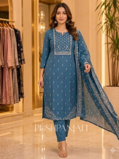 Teal Blue Cotton Straight Kurta Pant Set with Printed Dupatta for Women