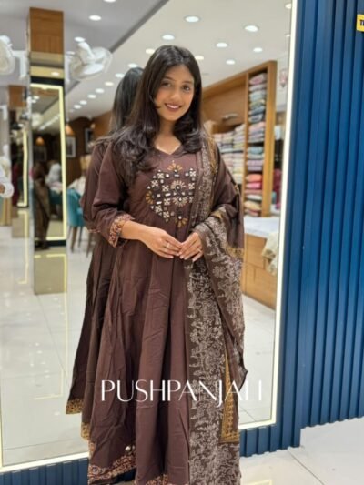 Premium Coffee Brown Cotton Embroidered Kurta Pant Set with Dupatta for Women