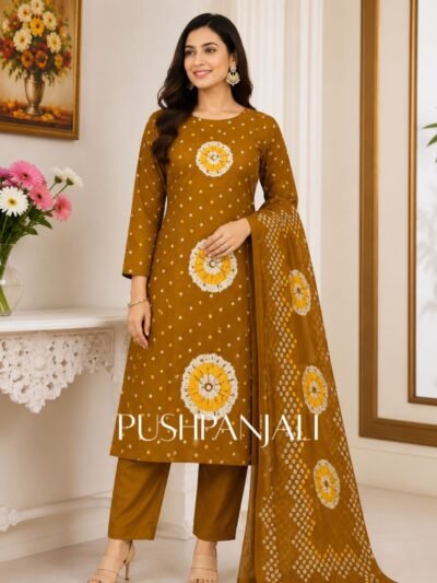 Premium Mustard Brown Bandhani Print Cotton Straight Kurta Pant Set with Dupatta for Women