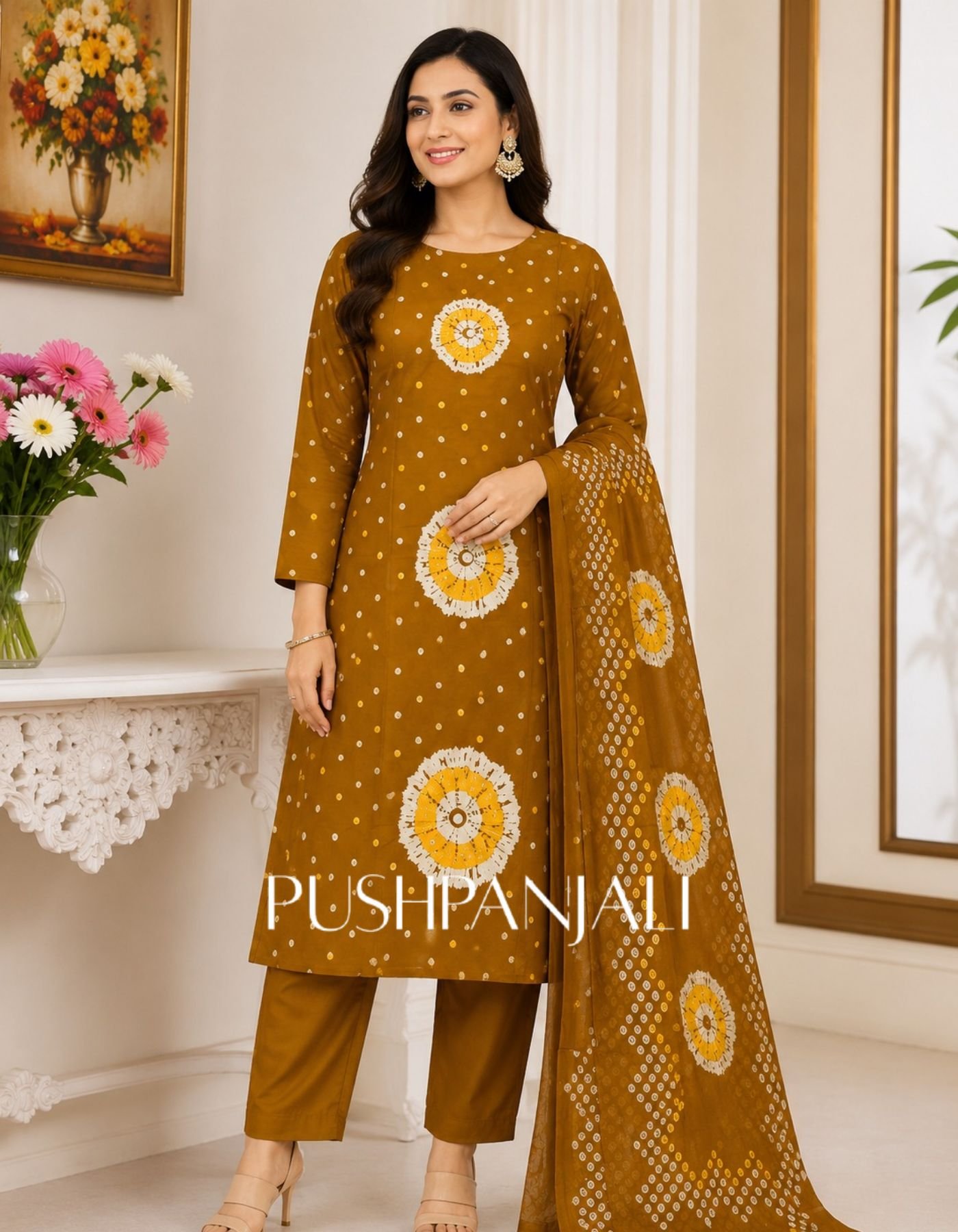 Premium Mustard Brown Bandhani Print Cotton Straight Kurta Pant Set with Dupatta for Women