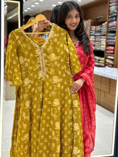 Premium Mustard Yellow Printed Cotton Anarkali Kurta Pant Set with Dupatta for Women