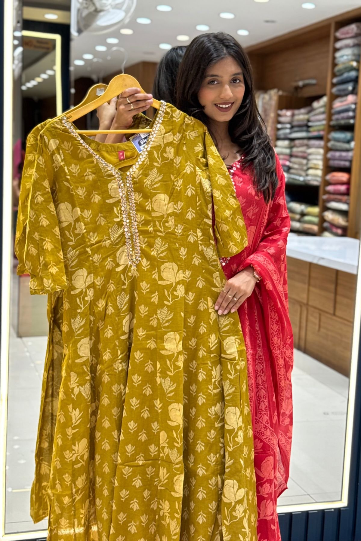 Premium Mustard Yellow Printed Cotton Anarkali Kurta Pant Set with Dupatta for Women