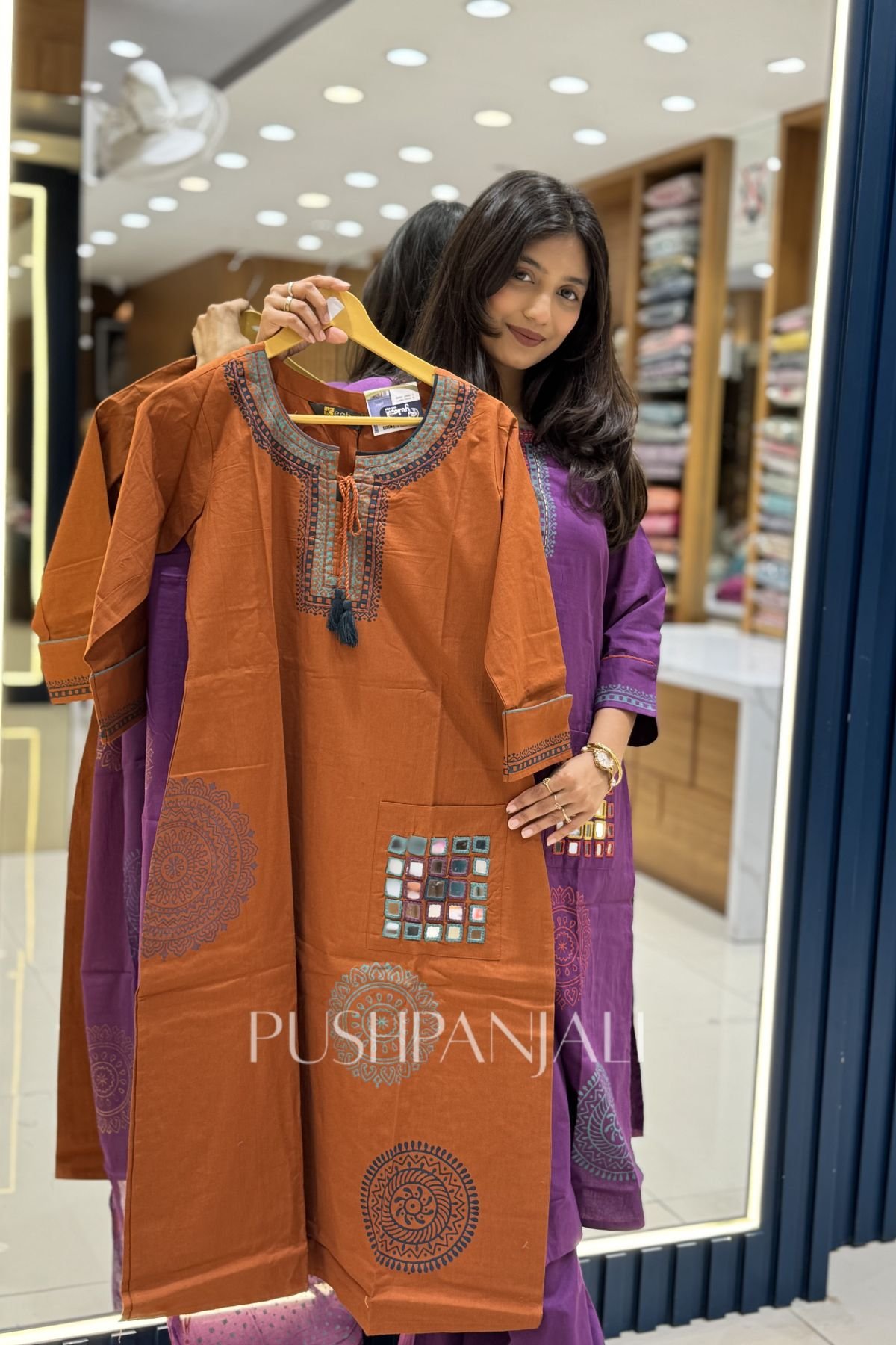 Premium Rust Orange Cotton Printed Kurta Pant Set with Dupatta for Women