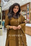 Olive Brown Chanderi Silk Pintuck A-Line Kurta Set with Embroidered Border Dupatta