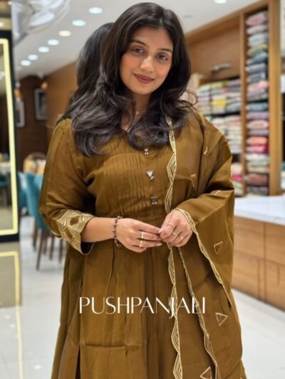 Olive Brown Chanderi Silk Pintuck A-Line Kurta Set with Embroidered Border Dupatta