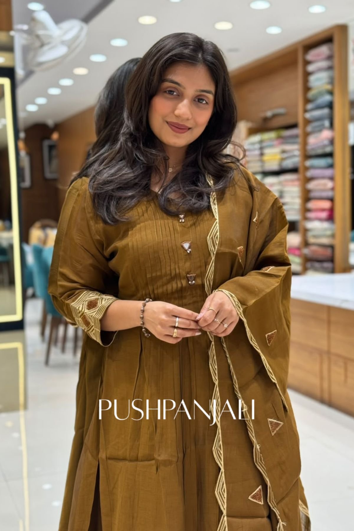 Olive Brown Chanderi Silk Pintuck A-Line Kurta Set with Embroidered Border Dupatta