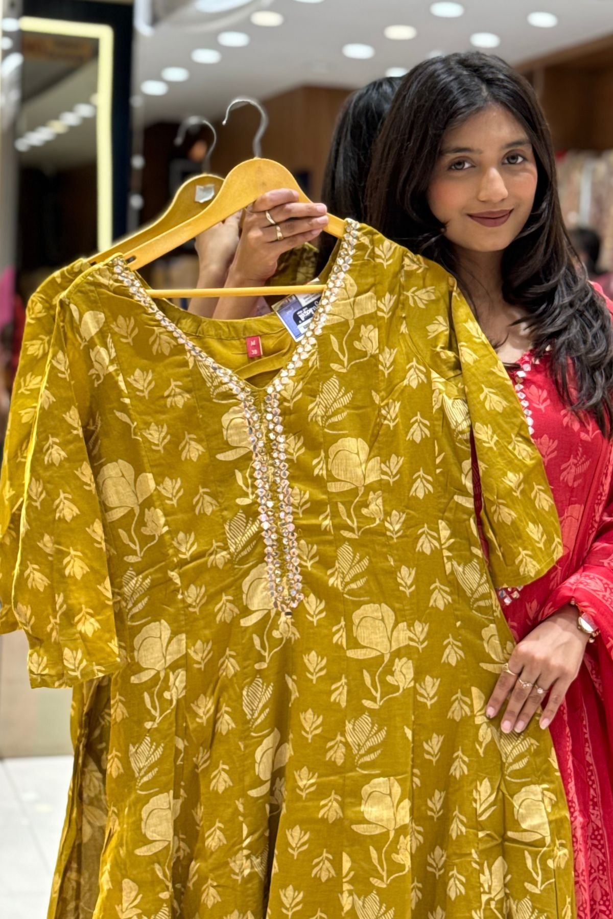 Premium Mustard Yellow Printed Cotton Anarkali Kurta Pant Set with Dupatta for Women - Image 2