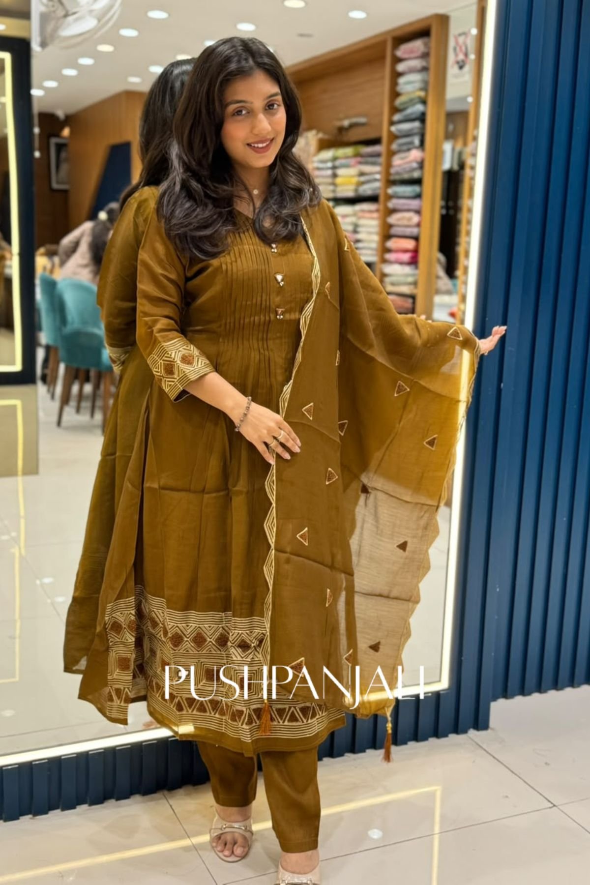 Olive Brown Chanderi Silk Pintuck A-Line Kurta Set with Embroidered Border Dupatta - Image 2