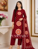 Premium Maroon Wine Bandhani Print Cotton Straight Kurta Pant Set with Dupatta for Women