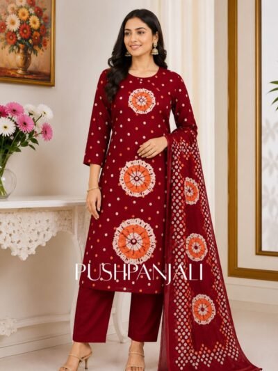 Premium Maroon Wine Bandhani Print Cotton Straight Kurta Pant Set with Dupatta for Women