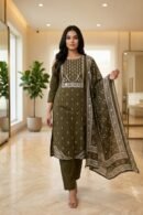 Olive Green Cotton Straight Kurta Pant Set with Printed Dupatta for Women