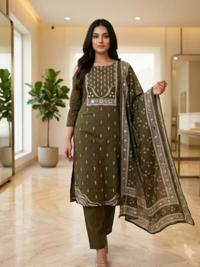 Olive Green Cotton Straight Kurta Pant Set with Printed Dupatta for Women