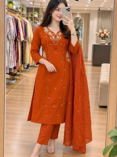 Premium Rust Orange Floral Applique Cotton Straight Kurta Pant Set with Dupatta for Women