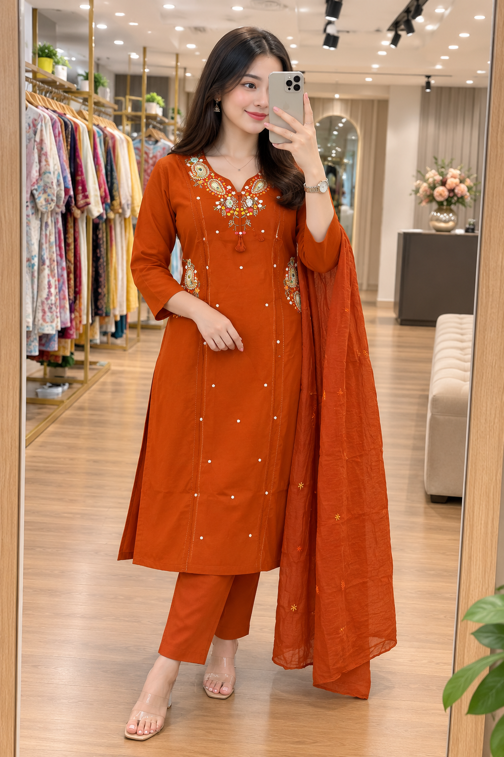Premium Rust Orange Floral Applique Cotton Straight Kurta Pant Set with Dupatta for Women