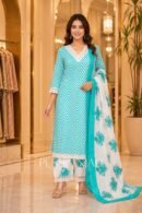 Turquoise Blue Chevron Striped Cotton Kurta Pant Set with Floral Printed Dupatta for Women