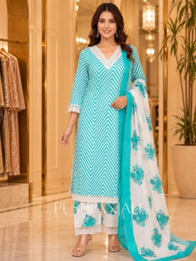 Turquoise Blue Chevron Striped Cotton Kurta Pant Set with Floral Printed Dupatta for Women