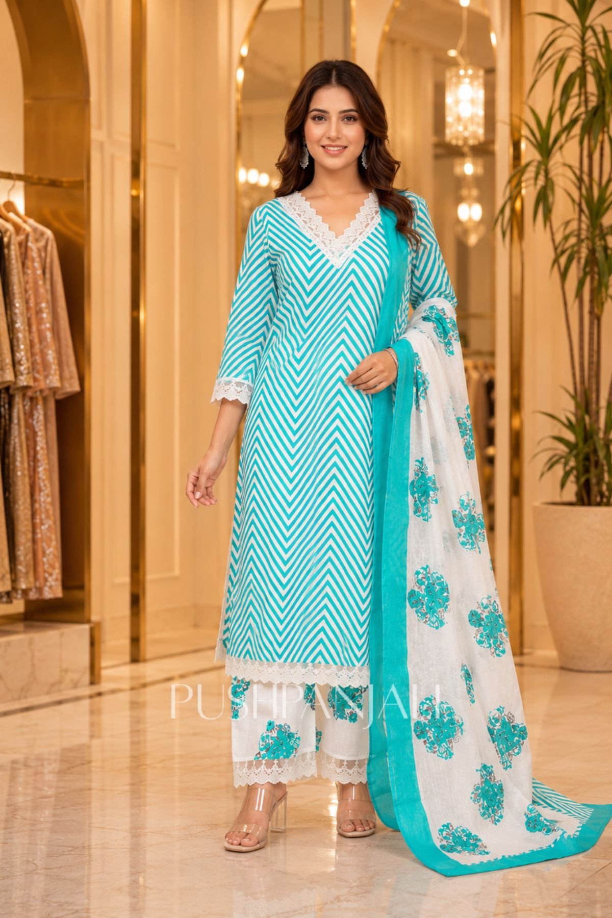 Turquoise Blue Chevron Striped Cotton Kurta Pant Set with Floral Printed Dupatta for Women