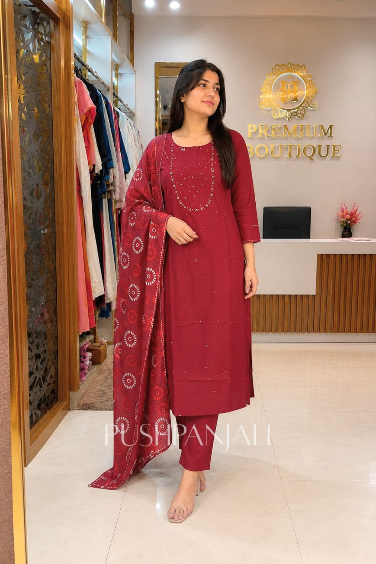 Premium Maroon Stone Work Cotton Kurta Pant Set with Printed Dupatta for Women - Image 2