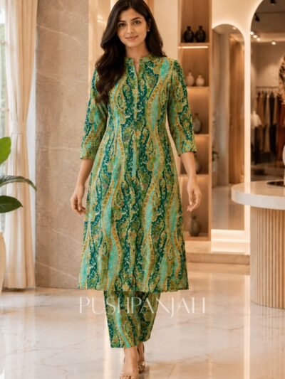 Premium Green Printed Cotton Long Co-Ord Set for Women