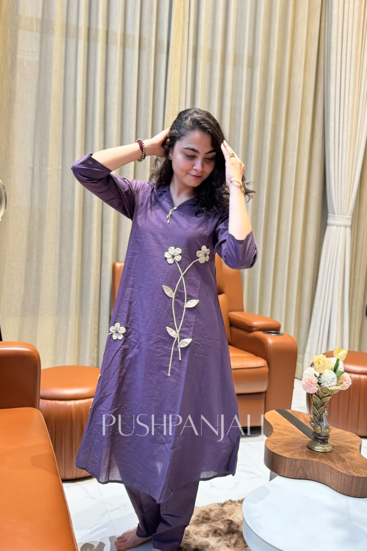 Premium Purple Cotton Embroidered Kurta Pant Set for Women - Image 2