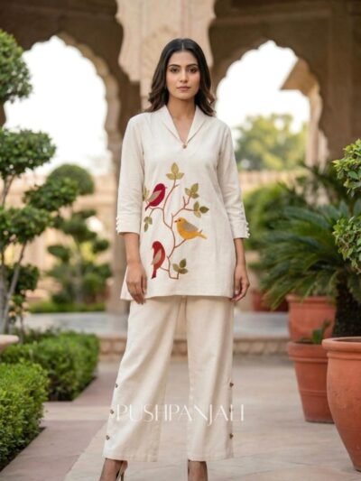 Premium Cotton Co-ord Set with Bird Embroidery – Off White
