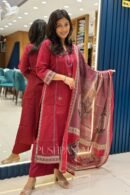 Premium Cotton Embroidered Kurta Set with Dupatta – Maroon Red