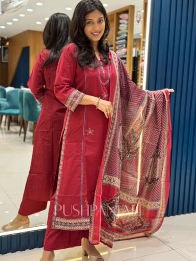 Premium Cotton Embroidered Kurta Set with Dupatta – Maroon Red