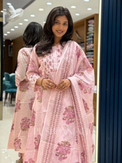 Premium Cotton Floral Printed Kurta Set with Dupatta – Soft Pink