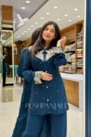 Premium Navy Blue Embroidered Pure Chinon Rishkos Kurta Pant Set