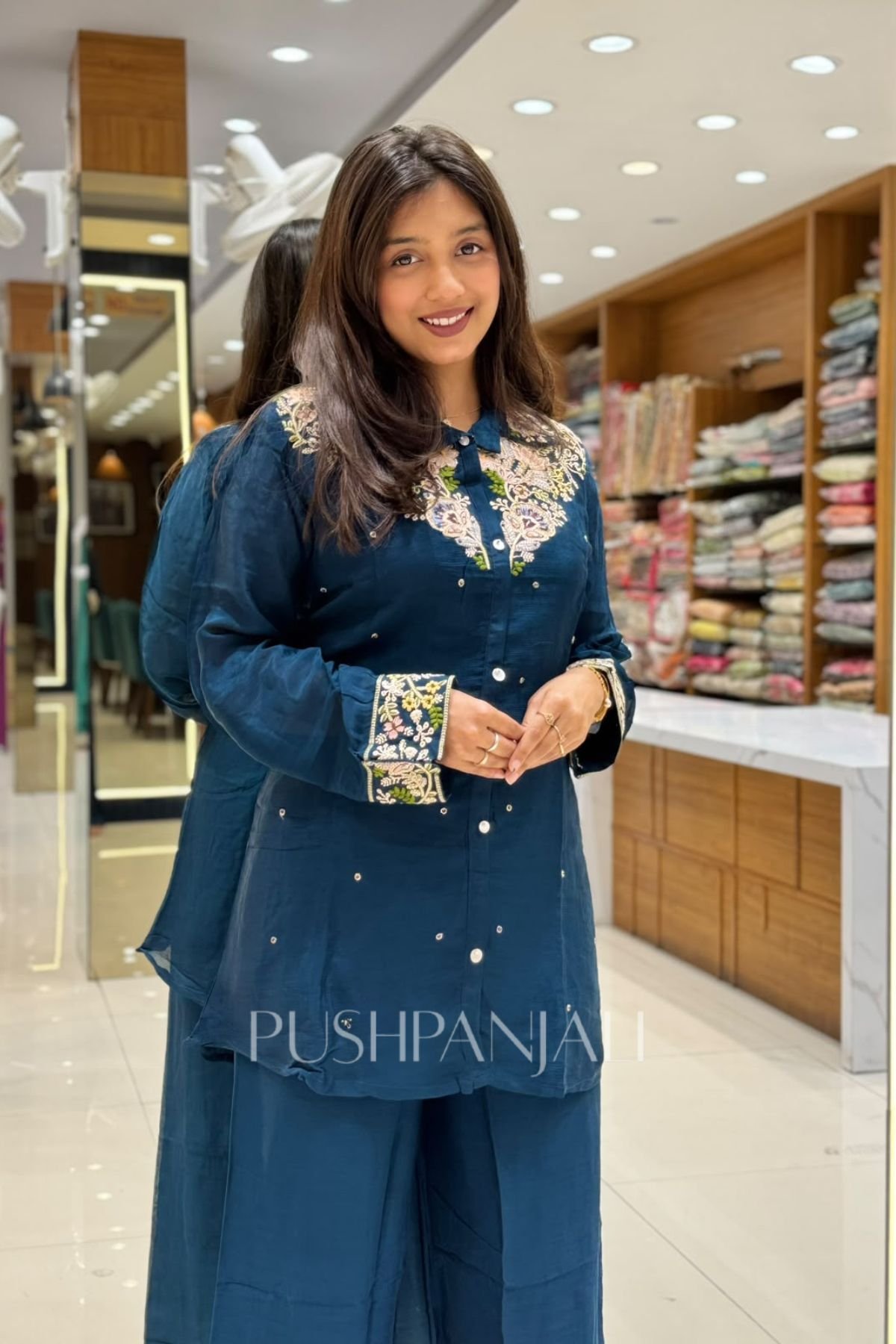Premium Navy Blue Embroidered Pure Chinon Rishkos Kurta Pant Set - Image 2