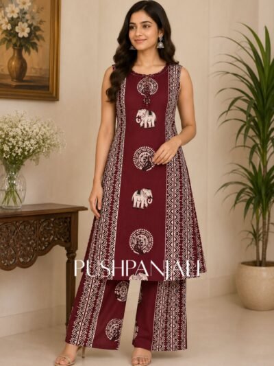 Women's Premium Maroon Tribal Printed Imported Cotton Sleeveless Kurta Palazzo Set