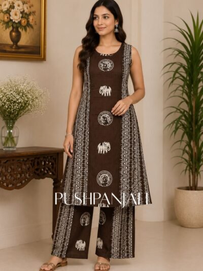 Women's Premium Brown Tribal Printed Imported Cotton Sleeveless Kurta Palazzo Set