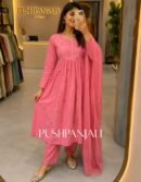 Premium Onion Pink Embroidered Cotton Anarkali Kurta Pant Set with Dupatta for Women
