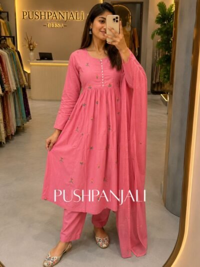Premium Onion Pink Embroidered Cotton Anarkali Kurta Pant Set with Dupatta for Women
