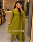 Premium Olive Mehendi Green Floral Kantha Stitch Cotton Straight Kurta Pant Set with Dupatta for Women