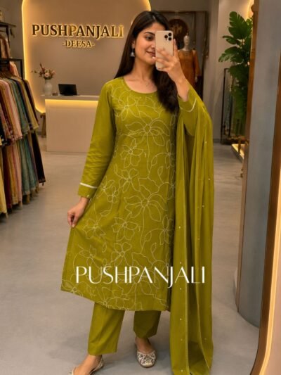 Premium Olive Mehendi Green Floral Kantha Stitch Cotton Straight Kurta Pant Set with Dupatta for Women