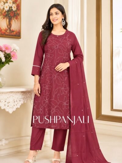 Premium Maroon Wine Floral Kantha Stitch Cotton Straight Kurta Pant Set with Dupatta for Women
