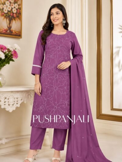 Premium Mauve Purple Floral Kantha Stitch Cotton Straight Kurta Pant Set with Dupatta for Women