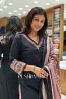 Black Cotton Straight Kurta Pant Set with Ajrakh Block Printed Dupatta